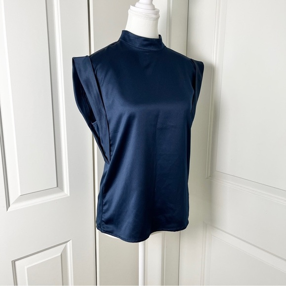 Dynamite Dylan Satin Navy Sleeveless Mock Neck Blouse – Chic, Mod & Preppy, XS - Picture 5 of 14